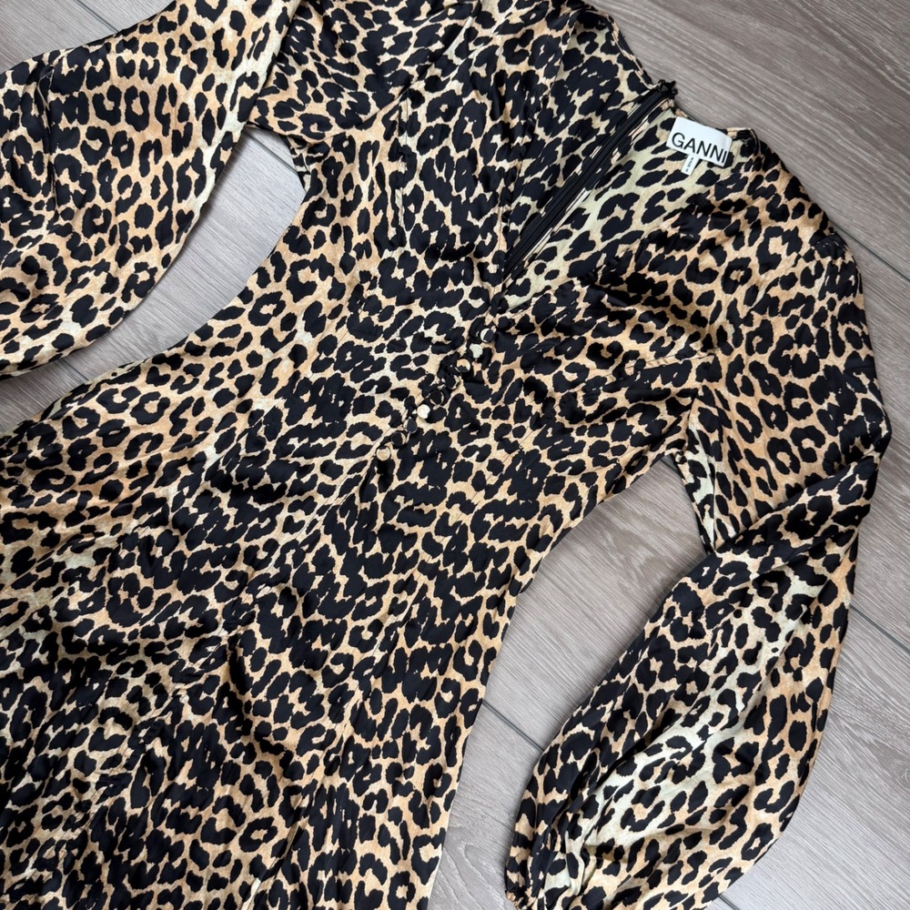 Ganni Womens Mini Dress Silk Blend Leopard Print Brown Size 36